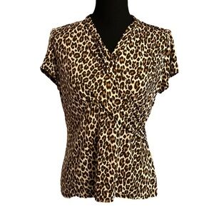 Charter Club Short Sleeve Leopard Print V Neck Faux Wrap Blouse Petite Large
